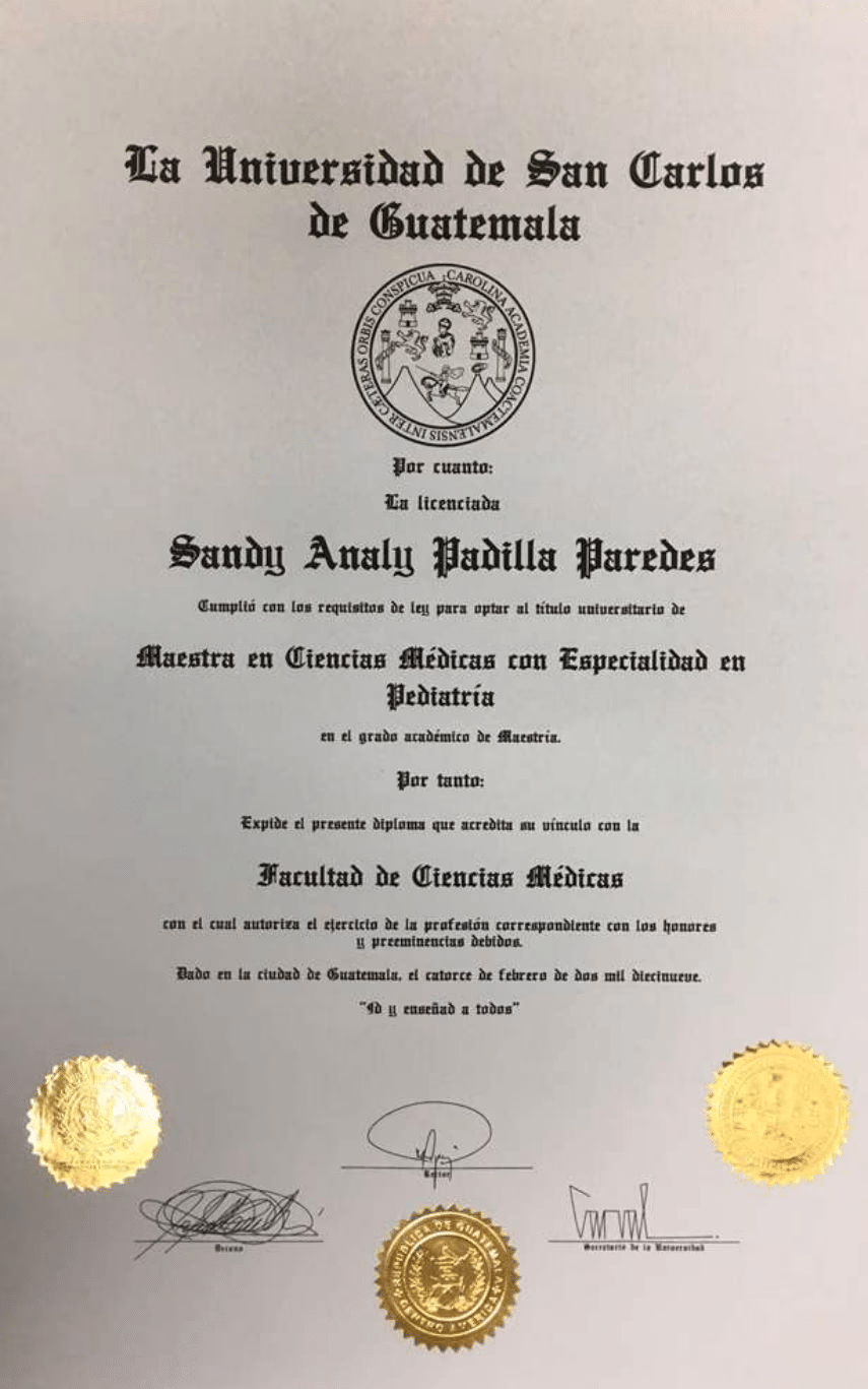 Credential for Master Degree in Pediatrics from Universidad San Carlos Guatemala